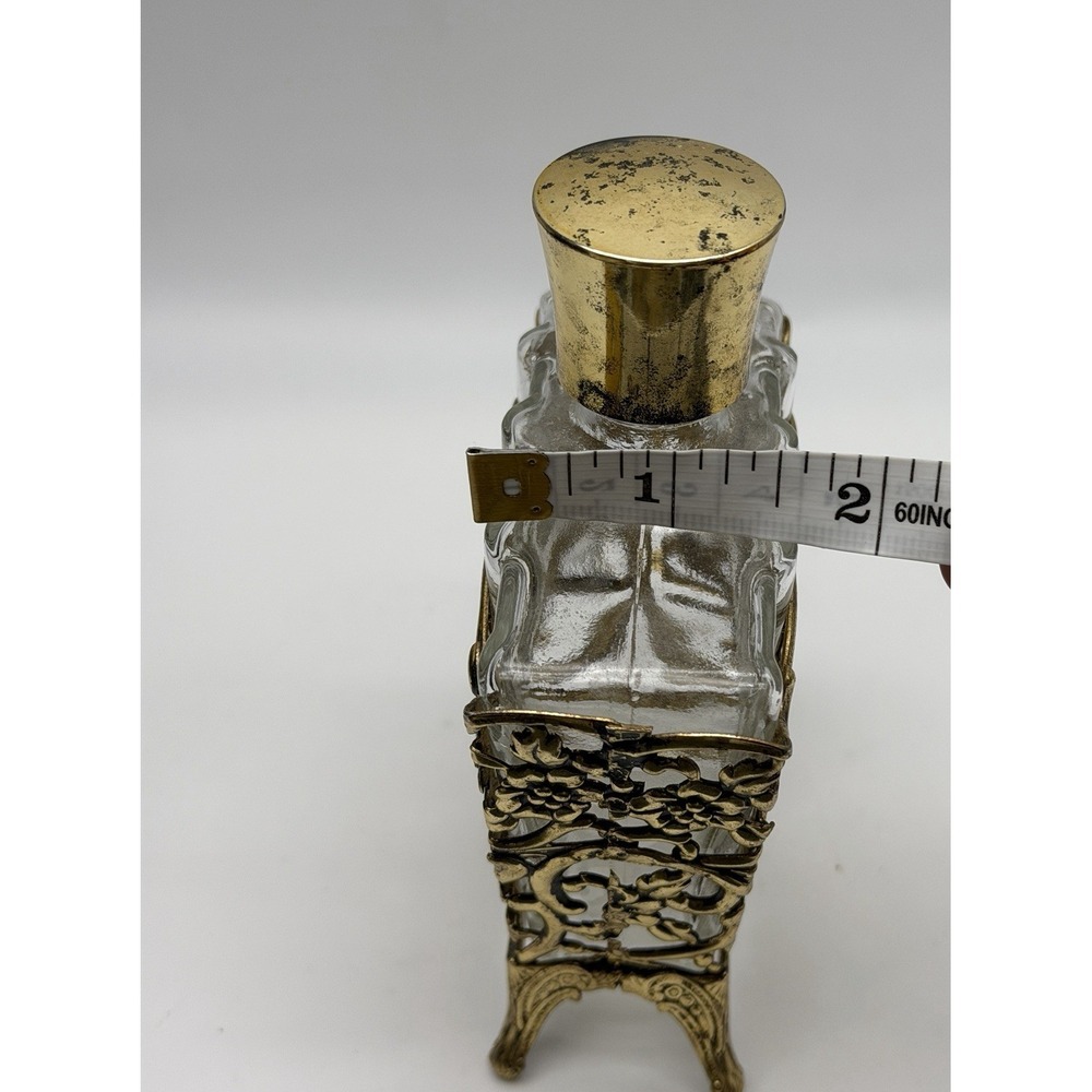 Vintage Ormolu Gold Gilt Floral Encased Glass Perfume Vanity Empty Bottle - Picture 6 of 6